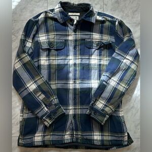 L L Bean Flannel sherpa lined mens plaid jacket shirt fleece Blue Medium